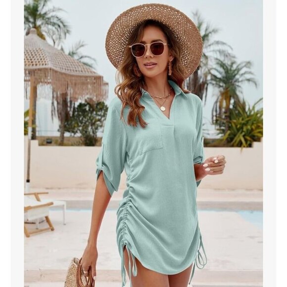 Bluetime Women's Bathing Suit Cover Up V Neck 3/4 Sleeve Casual 2XL Sage Green - Picture 12 of 13